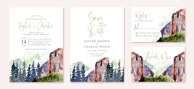 Hochzeitseinladung eingestellt mit canyon landschaft aquarell design