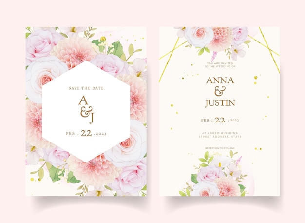 Hochzeitseinladung mit aquarell rosa rosen und dahlie