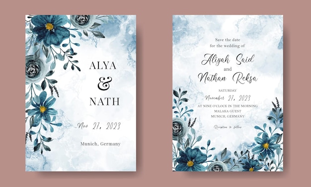 Hochzeitseinladung mit aquarellblumen und abstraktem splash-hintergrund