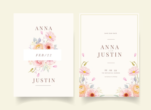 Hochzeitseinladung mit Aquarellrosa Rosen und Ranunkelblume