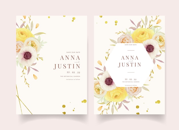 Hochzeitseinladung mit aquarellrosen ranunkel und anemonenblumen