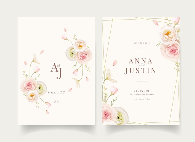 Hochzeitseinladung mit Aquarellrosen und Ranunkel