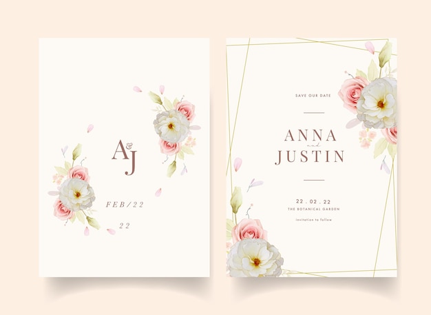 Hochzeitseinladung mit Aquarellrosen und rosa Dahlie