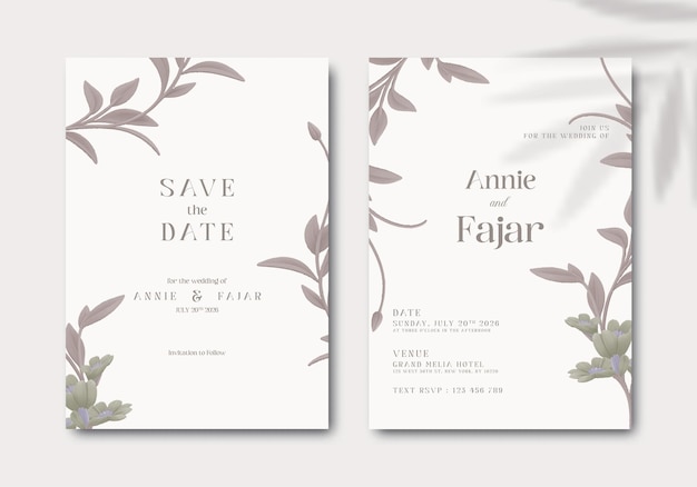 Hochzeitseinladung mit braunem Blatt-Aquarell-Premium-Vektor