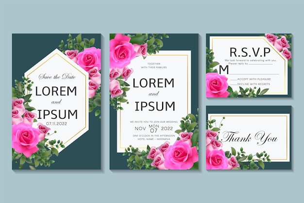 Hochzeitseinladung mit rosa rosen und blättern