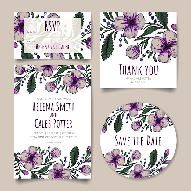 Hochzeitseinladung save the date rsvp dankeskarte mit blumen, blättern und zweigen