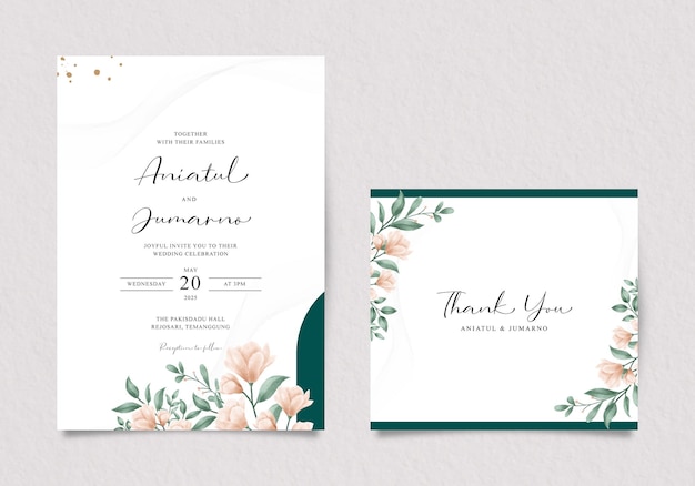 Hochzeitseinladung und Dankeskarte mit Blumenschmuck und grünen Blättern