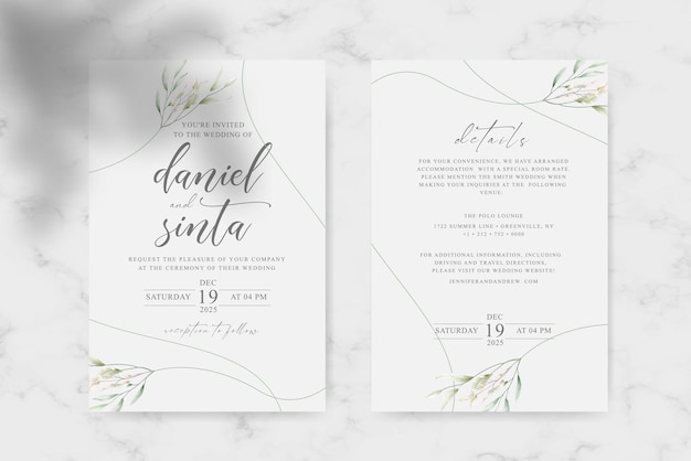 Hochzeitseinladung und Details Vorlage sauber und einfach schöne Aquarellblätter