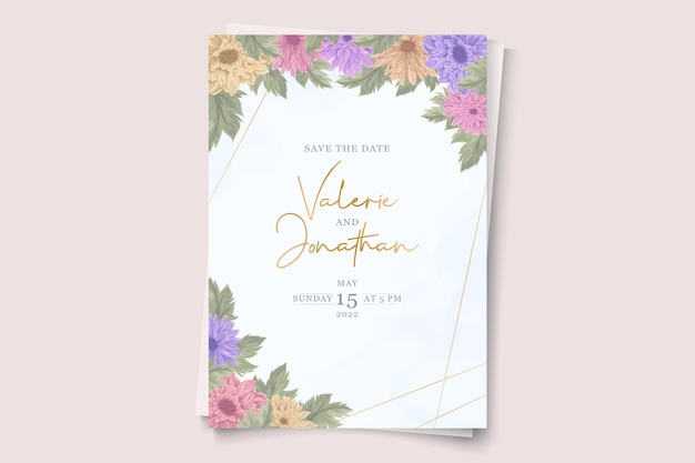 Hochzeitseinladungsdesign mit bunter chrysanthemenblumenverzierung