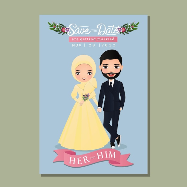Hochzeitseinladungskarte die süße muslimische paarkarikatur der braut und des bräutigams mit blumendekoration