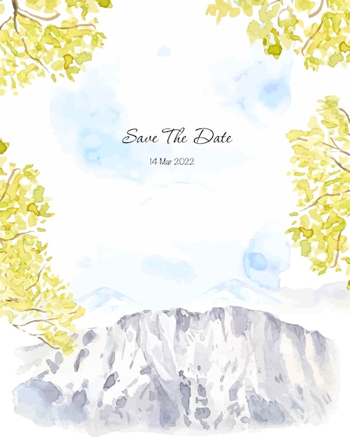 Hochzeitseinladungskarte mit aquarelllandschaft der berge handgezeichnetes illustrationsdesign