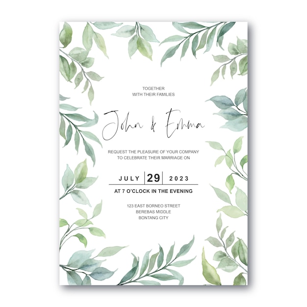Hochzeitseinladungskarte mit grünen Blättern Aquarell