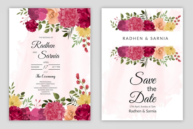 Hochzeitseinladungskarte mit schönen blühenden blumen der roten rosen free vector