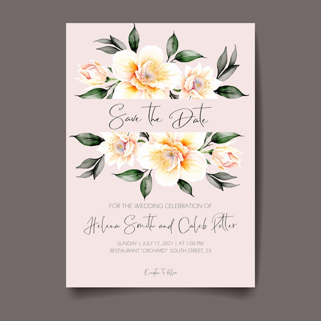 Hochzeitseinladungskarte, speichern sie das datum mit aquarellblumen, blättern und zweigen.