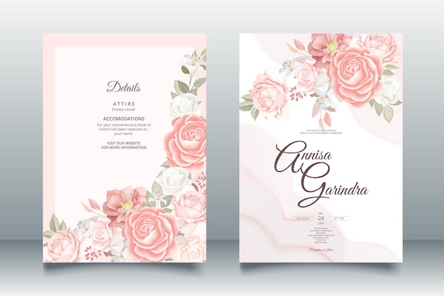 Hochzeitseinladungskarten-Schablonensatz mit schönen Blumenblättern Premium-Vektor