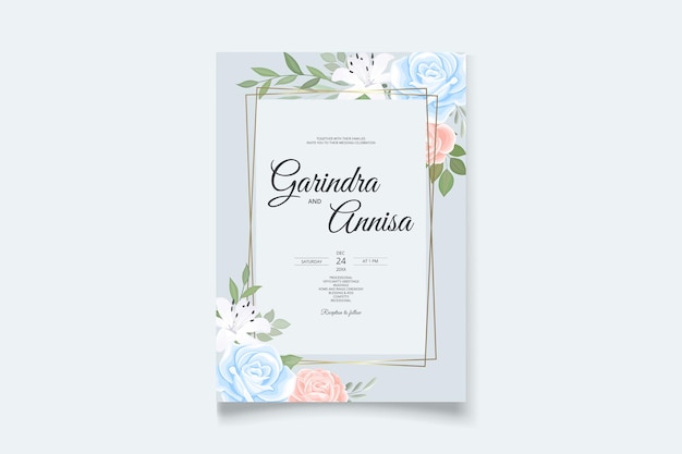 Hochzeitseinladungskarten-schablonensatz mit schönen bunten blumenblättern premium-vektor