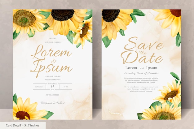 Hochzeitseinladungskarten-set mit aquarell-sonnenblumen