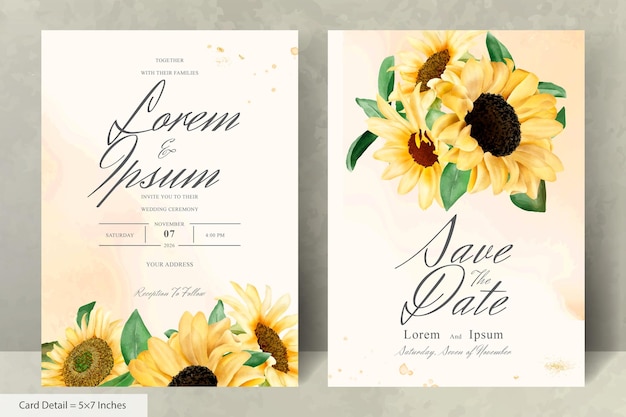 Hochzeitseinladungskarten-set mit aquarell-sonnenblumen