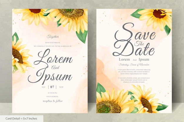 Hochzeitseinladungskarten-set mit aquarell-sonnenblumen