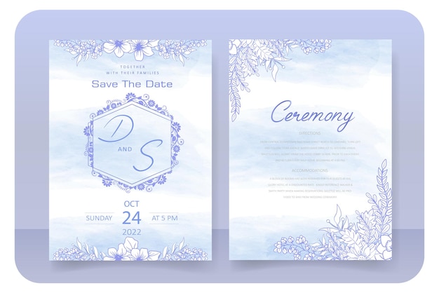 Hochzeitseinladungskartenschablone, blatt- und blumenmusterdekoration, blauer weißer hintergrund