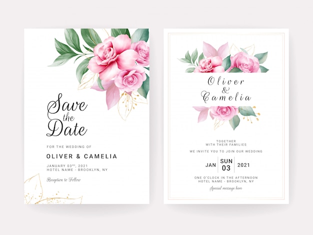 Hochzeitseinladungskartenschablone gesetzt mit aquarellblumenarrangements und grenze.