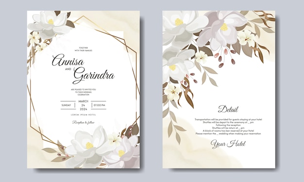 Hochzeitseinladungskartenschablone gesetzt mit schönen blumenblättern