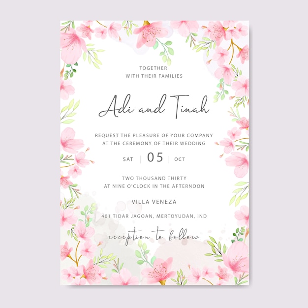Hochzeitseinladungskartenschablone mit blumenkirschblüten-rahmen