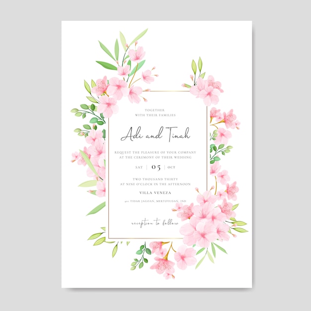 Hochzeitseinladungskartenschablone mit blumenkirschblütenentwurf