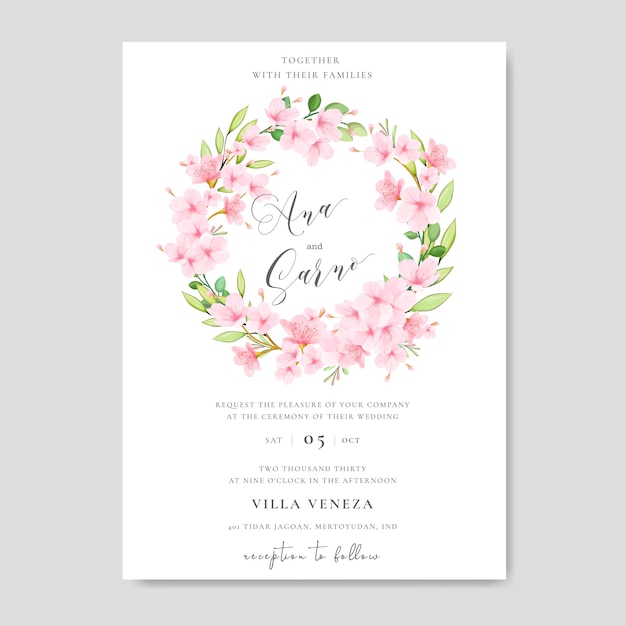 Hochzeitseinladungskartenschablone mit blumenkirschblütenentwurf