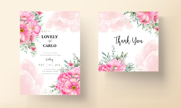 Hochzeitseinladungskartenschablone mit schönen Blumen und Blättern Aquarell