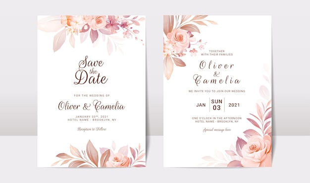 Hochzeitseinladungskartenschablonensatz mit weichem blumen- und aquarellhintergrund