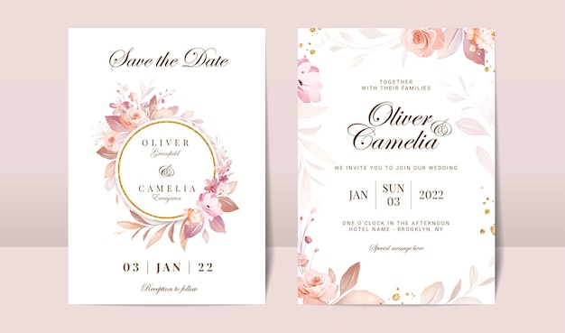 Hochzeitseinladungskartenschablonensatz mit weichem blumen- und aquarellhintergrund
