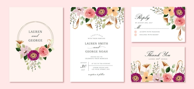 Hochzeitseinladungssatz mit schönem blumengarten-aquarellrahmen