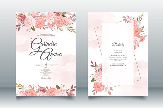 Hochzeitseinladungsschablone mit braunem Blumen- und Blätter-Premium-Vektor