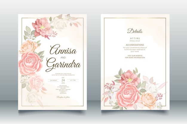 Hochzeitseinladungsschablone mit braunem Blumen- und Blätter-Premium-Vektor