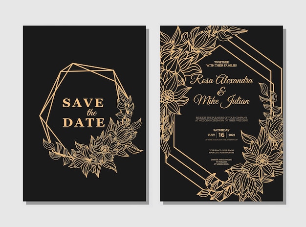 Hochzeitseinladungsschablone mit der gezeichneten Goldentwurfsblumenhand