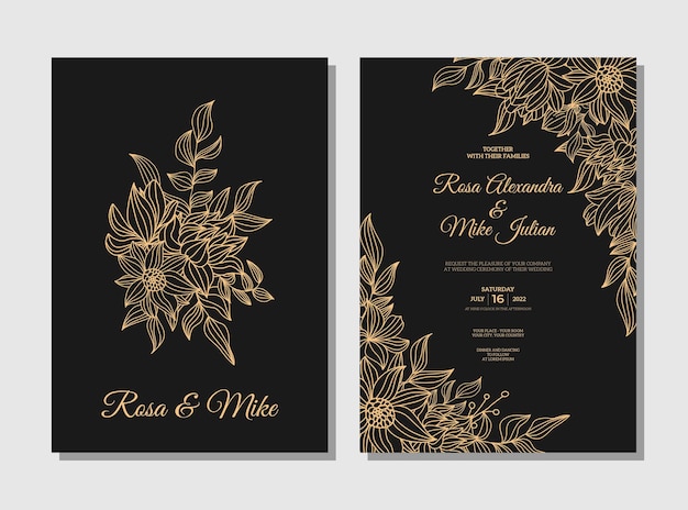 Hochzeitseinladungsschablone mit der gezeichneten Goldentwurfsblumenhand