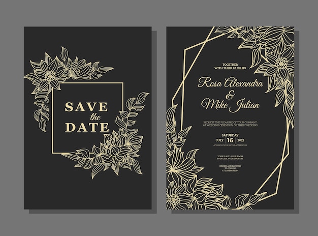 Hochzeitseinladungsschablone mit der gezeichneten Goldentwurfsblumenhand
