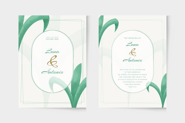 Hochzeitseinladungsschablone mit grünpflanzenaquarell