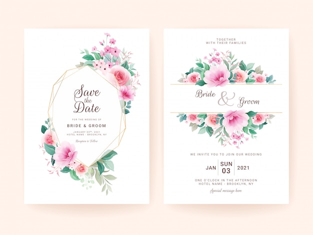 Hochzeitseinladungsschablonensatz mit geometrischem blumenrahmen. rosen und sakura blumen zusammensetzung