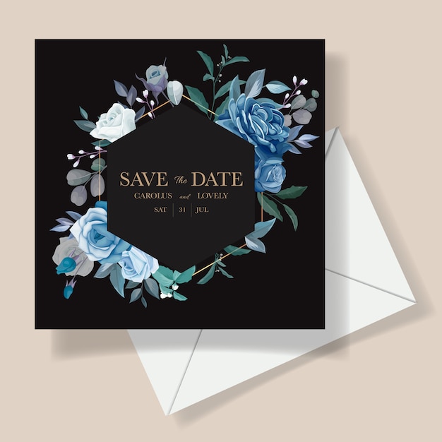 Hochzeitseinladungsschablonensatz mit schönem blauen blumenstrauß und randdekoration