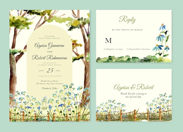 Vektor hochzeitseinladungsset mit aquarellfarbener blumenwiese und grünen bäumen