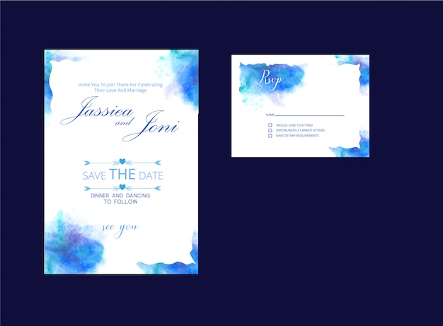 Hochzeitskarte mit blauem aquarell