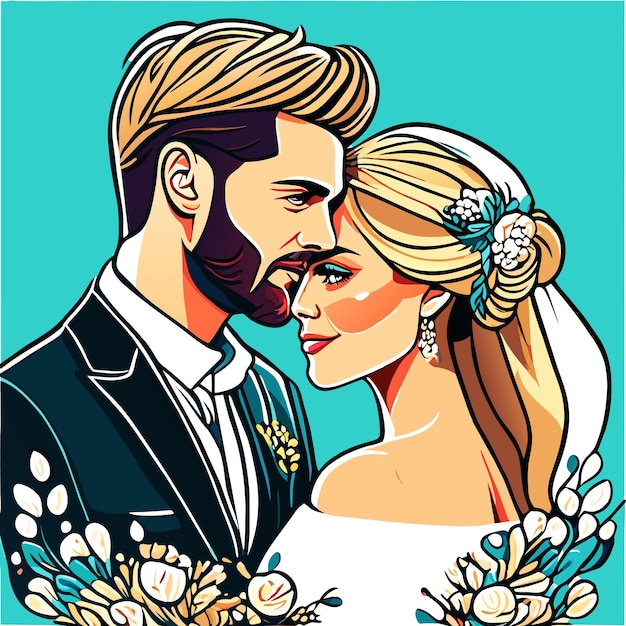 Vektor hochzeitspaar braut und bräutigam liebesporträt handgezeichnetes flaches stilvolles cartoon-sticker-ikonenkonzept