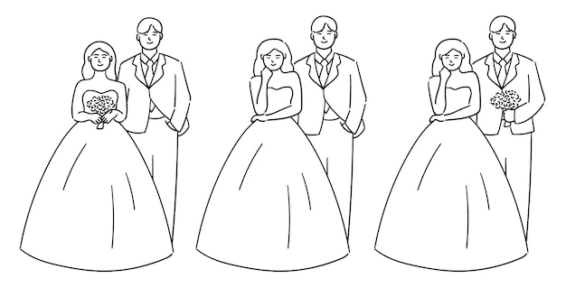 Hochzeitspaar Braut und Bräutigam schlagen verschiedene süße Posen vektorische Illustration