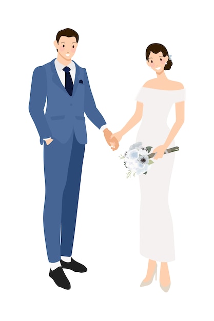Hochzeitspaarhändchenhalten im marineblauanzug und in der kleiderflachen art