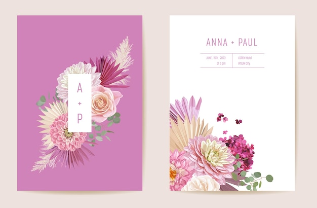 Hochzeitsrose, dahlienblumeneinladung, trockenblumen, getrocknete tropische palmblätterkarte, aquarellschablonenvektor. botanisches save the date laubcover, modernes poster, trendiges design, luxuriöser hintergrund