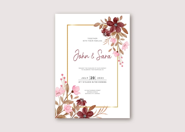 Hochzeitsschablone mit goldenem blumenrahmen des aquarells