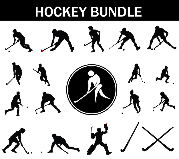 Vektor hockey silhouette bundle sammlung von hockeyspielern mit logo und hockeyausrüstung