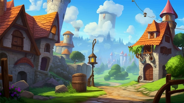 Höhlenbrücke kleines Haus Cartoon-Stil Landschaft Schloss Weg Spiel Hintergrund